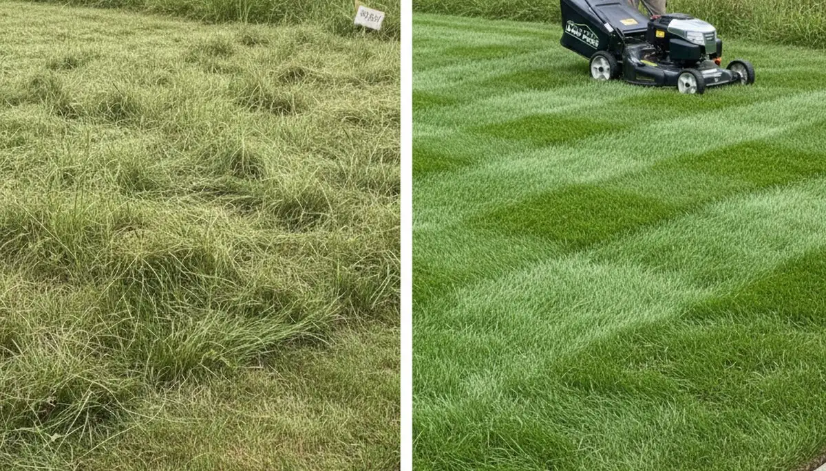 Before and after lawn mowing showing yard transformation by Chop Chop Landscaping in Charlotte, NC