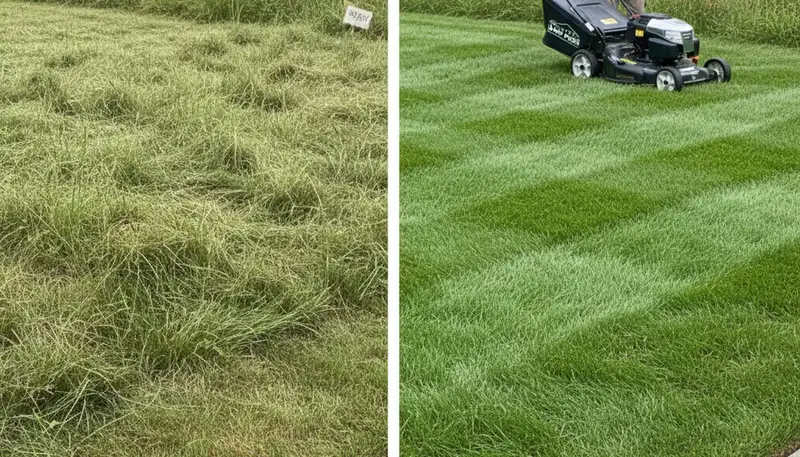 Before and after lawn mowing showing yard transformation by Chop Chop Landscaping in Charlotte, NC