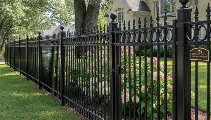 Black ornamental metal fence with decorative detailing installed by landscapers in Charlotte, NC