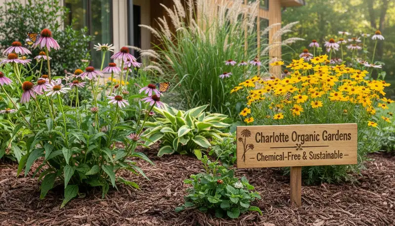 Organic garden beds with lush plants and natural mulch in Charlotte NC by Chop Chop Landscaping