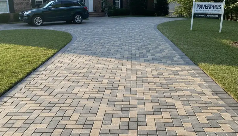 Completed interlocking paver driveway installation by professional landscapers in Charlotte, NC