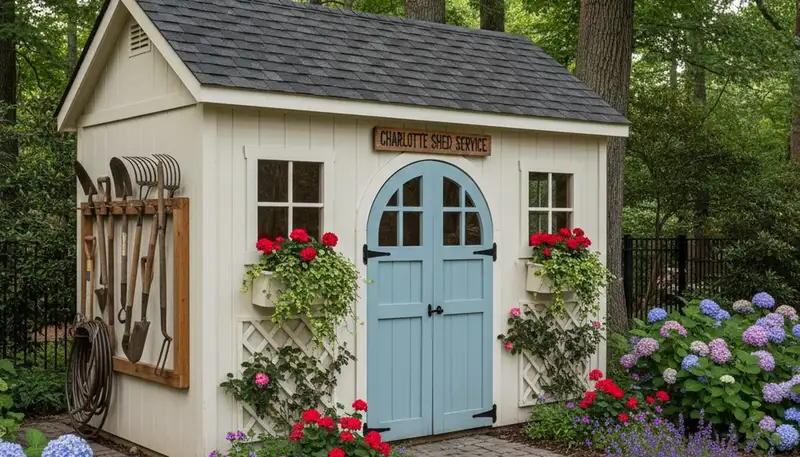Decorative garden shed with custom landscape design by professional landscapers in Charlotte, NC