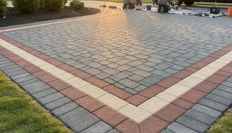 Decorative driveway paver border and edging installation by professional landscapers in Charlotte, NC