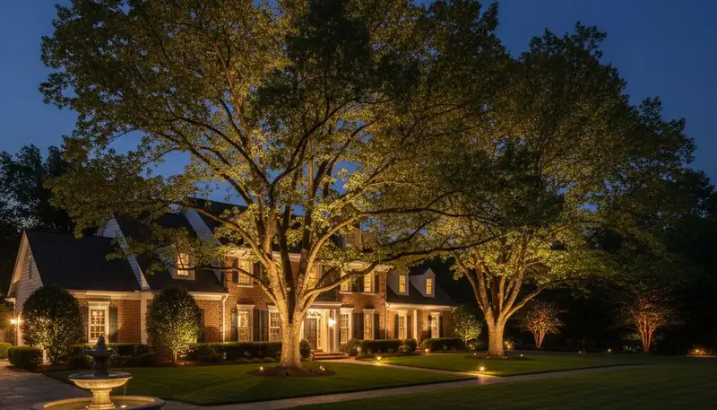 Dramatic tree uplighting design by professional landscapers in Charlotte, NC enhancing nighttime curb appeal