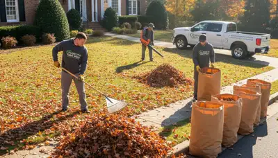 Landscapers collecting and bagging fall leaves during yard clean up in Charlotte, NC residential lawn
