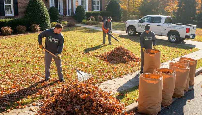 Landscapers collecting and bagging fall leaves during yard clean up in Charlotte, NC residential lawn
