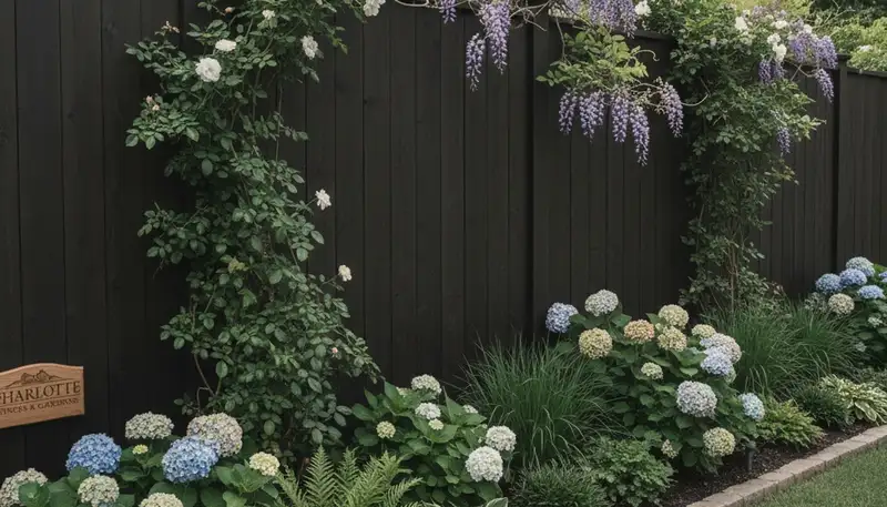 Wood fence with landscape beds and climbing plants by Chop Chop Landscaping in Charlotte, NC