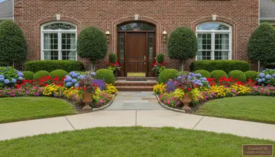 Front yard curb appeal landscaping with colorful flowers and shaped shrubs in Charlotte, NC