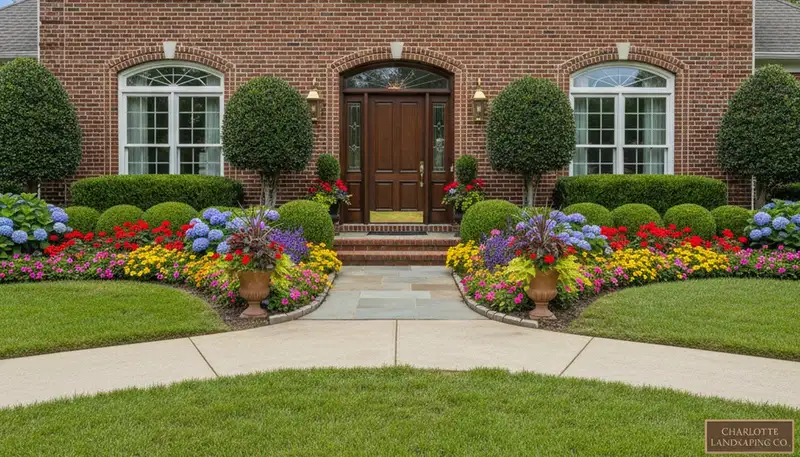 Front yard curb appeal landscaping with colorful flowers and shaped shrubs in Charlotte, NC