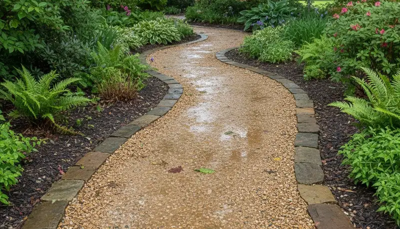 Pea gravel garden path in Charlotte NC landscape with clean borders and natural drainage design