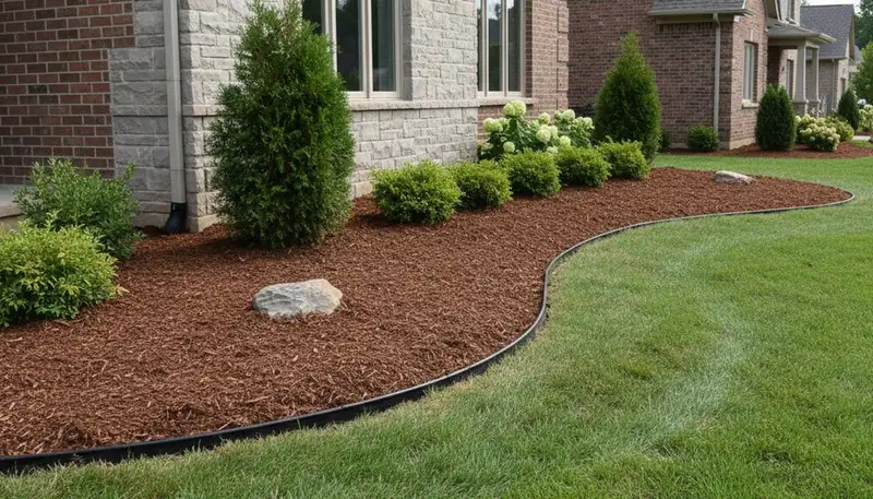 Clean edged mulch bed with sharp borders and fresh mulch by professional landscapers in Charlotte, NC