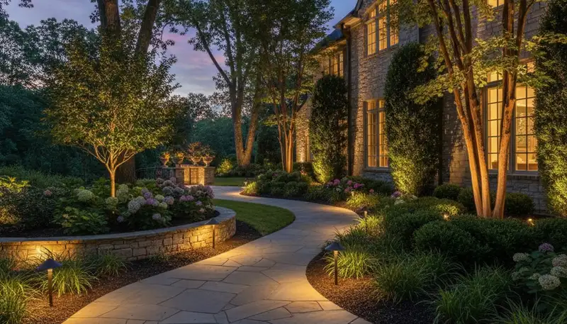 Landscape lighting illuminating pathways and garden features at dusk in Charlotte, NC yard