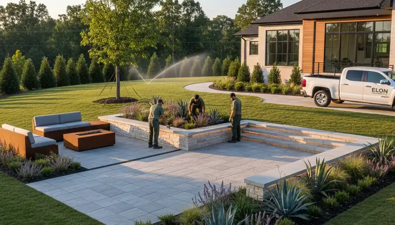 Landscaping crew servicing a Charlotte, NC yard with professional landscape maintenance