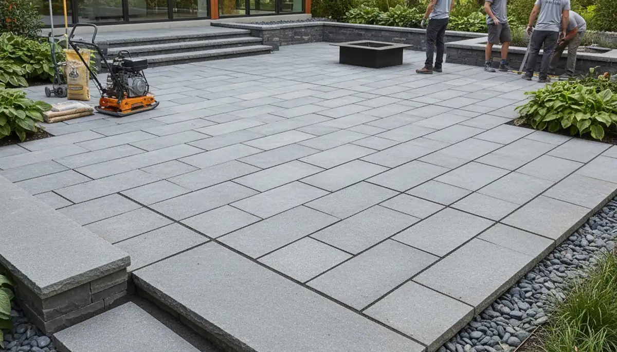 Modern large stone slab patio installation by professional landscapers in Charlotte, NC
