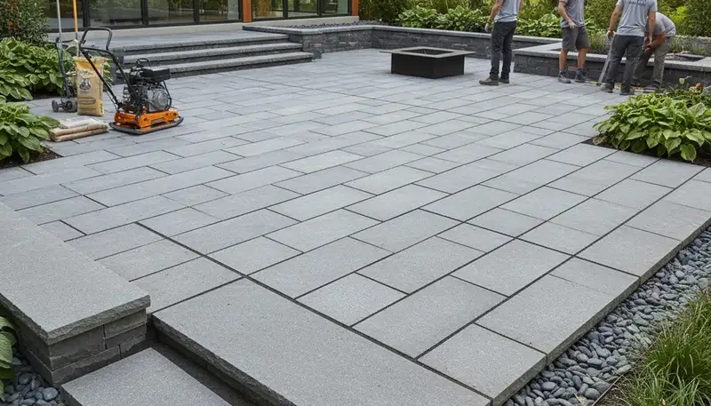 Modern large stone slab patio installation by professional landscapers in Charlotte, NC