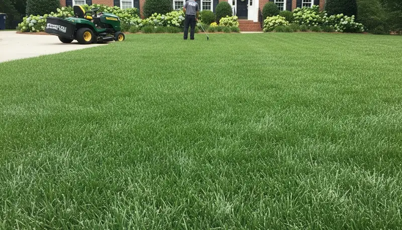 Lush green residential lawn showing professional lawn care results by landscapers in Charlotte, NC