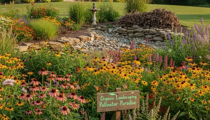Native pollinator garden with bee-friendly flowers by organic landscapers in Charlotte, NC