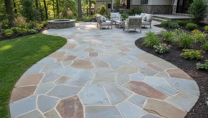 Flagstone patio installation with natural stone pavers by Chop Chop Landscaping in Charlotte, NC