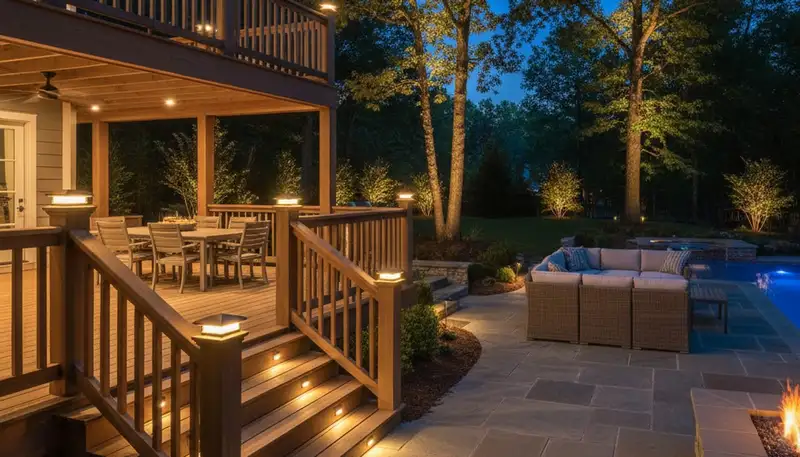 Professional deck and patio lighting installation in Charlotte, NC enhancing outdoor living safety and beauty