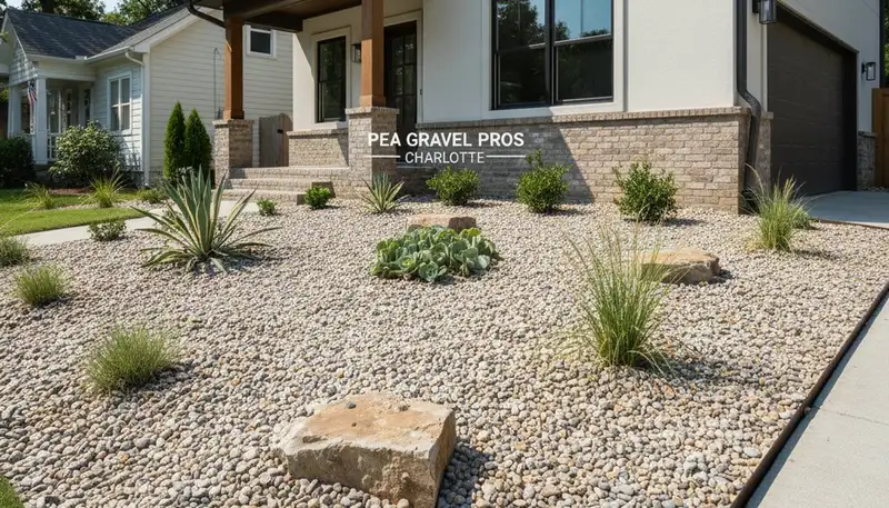 Pea gravel ground cover landscaping in Charlotte, NC showcasing clean, low-maintenance design
