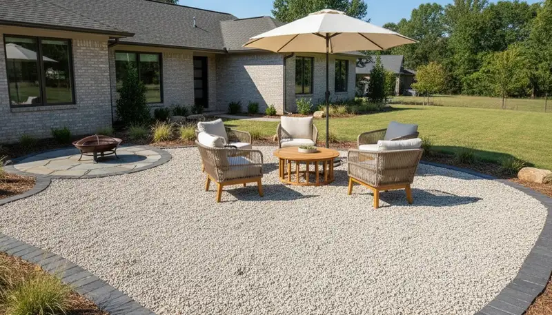 Pea gravel outdoor patio with edging and furniture by Chop Chop Landscaping in Charlotte, NC