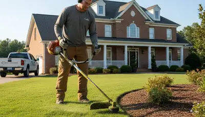 Technician performing precise lawn edge trimming with string trimmer in Charlotte, NC landscaping service