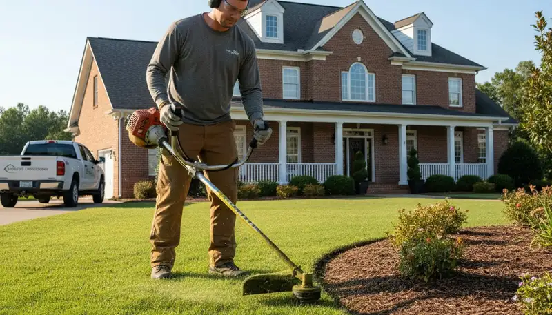 Technician performing precise lawn edge trimming with string trimmer in Charlotte, NC landscaping service