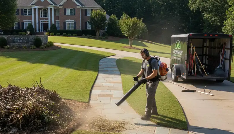 Technician using leaf blower for lawn debris cleanup on Charlotte NC property by Chop Chop Landscaping