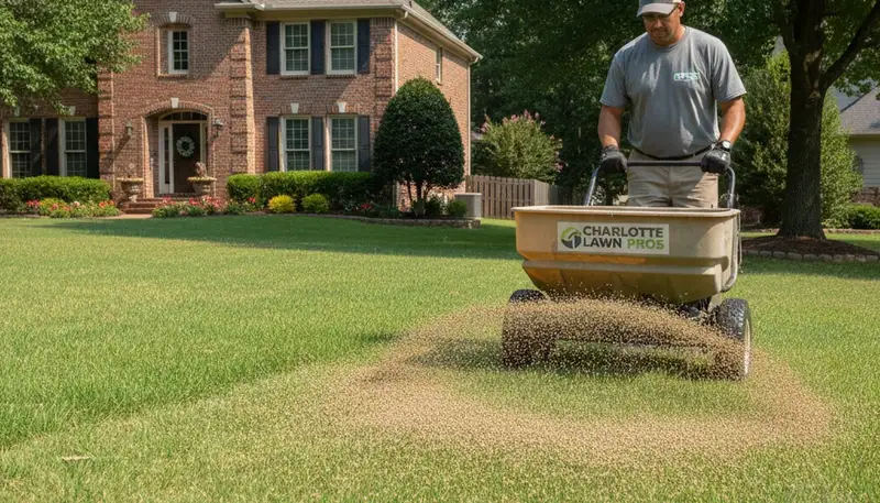 Lawn care technician fertilizing residential turf with spreader in Charlotte, NC for healthy green growth