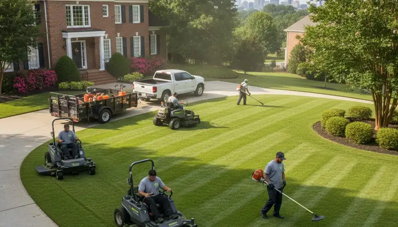 Professional lawn mowing and edging crew working on a residential yard in Charlotte, NC