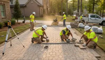 Charlotte NC landscapers installing driveway pavers with precise base leveling and quality craftsmanship