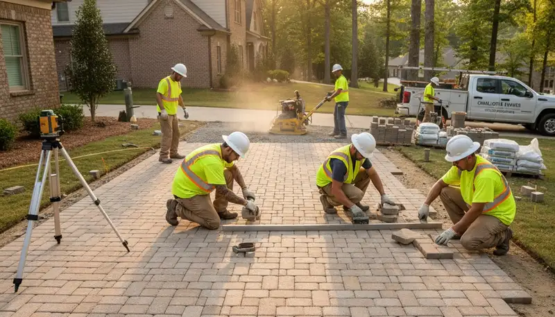 Charlotte NC landscapers installing driveway pavers with precise base leveling and quality craftsmanship