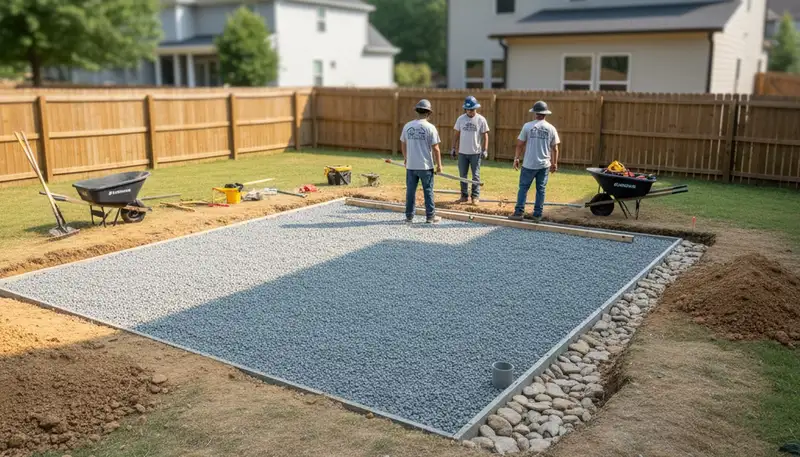 Shed foundation preparation with gravel base by professional landscapers in Charlotte, NC