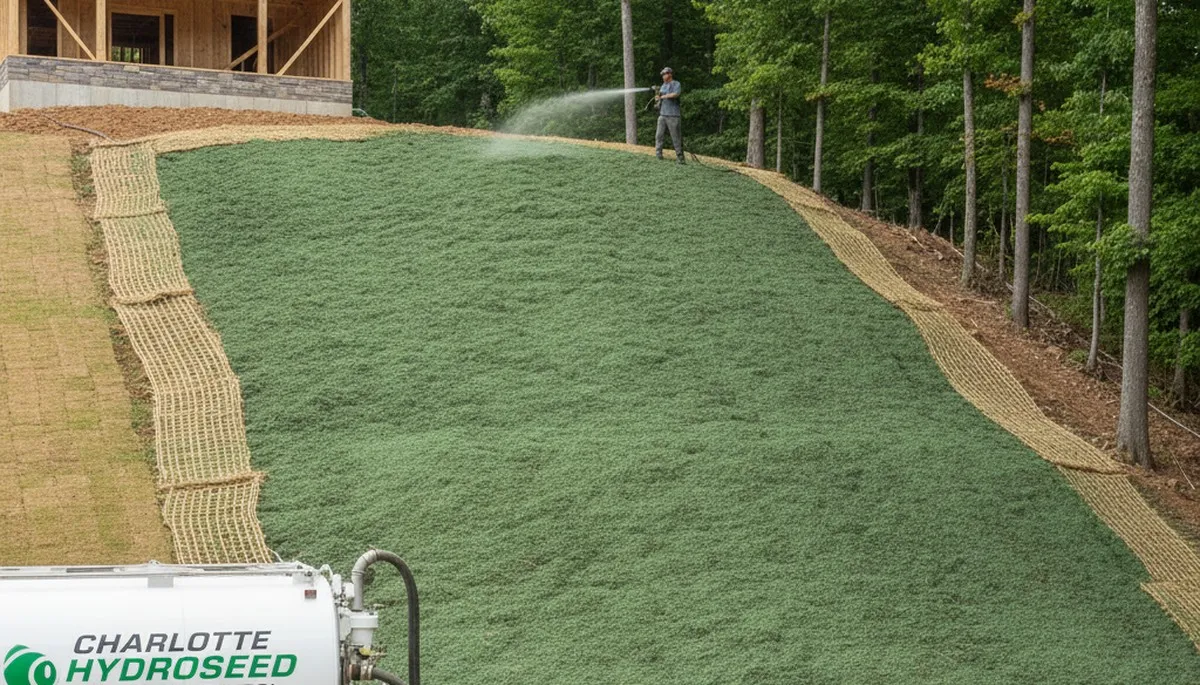 Professional hydroseeding on hillside slope for erosion control in Charlotte NC landscaping project