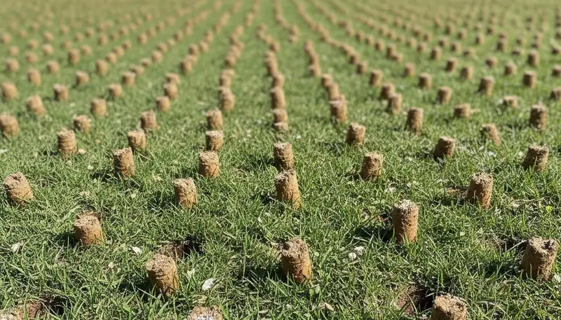 Close-up of soil core plugs after lawn aeration on Charlotte, NC turf by professional landscapers
