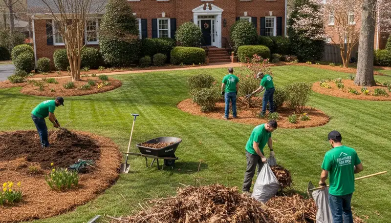 Landscapers performing spring yard cleanup and debris removal at a Charlotte NC residential property