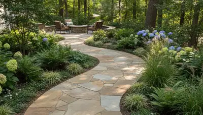Curved stone paver walkway in Charlotte, NC garden by Chop Chop Landscaping
