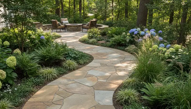 Curved stone paver walkway in Charlotte, NC garden by Chop Chop Landscaping