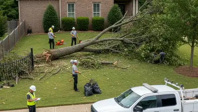 Storm debris cleanup crew clearing fallen branches at Charlotte NC home by Chop Chop Landscaping
