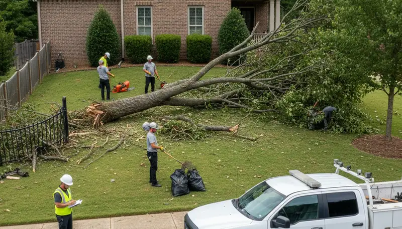 Storm debris cleanup crew clearing fallen branches at Charlotte NC home by Chop Chop Landscaping