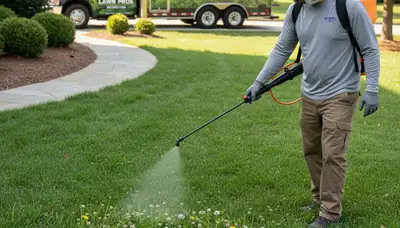 Lawn care technician applying targeted weed control treatment in Charlotte, NC yard