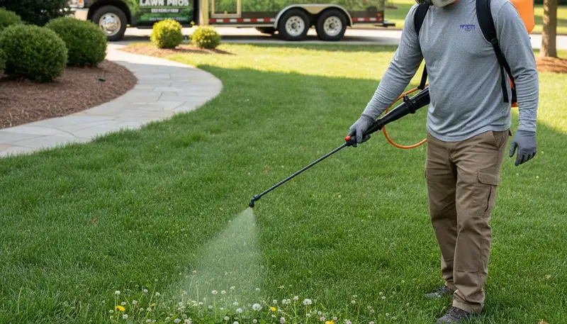 Lawn care technician applying targeted weed control treatment in Charlotte, NC yard